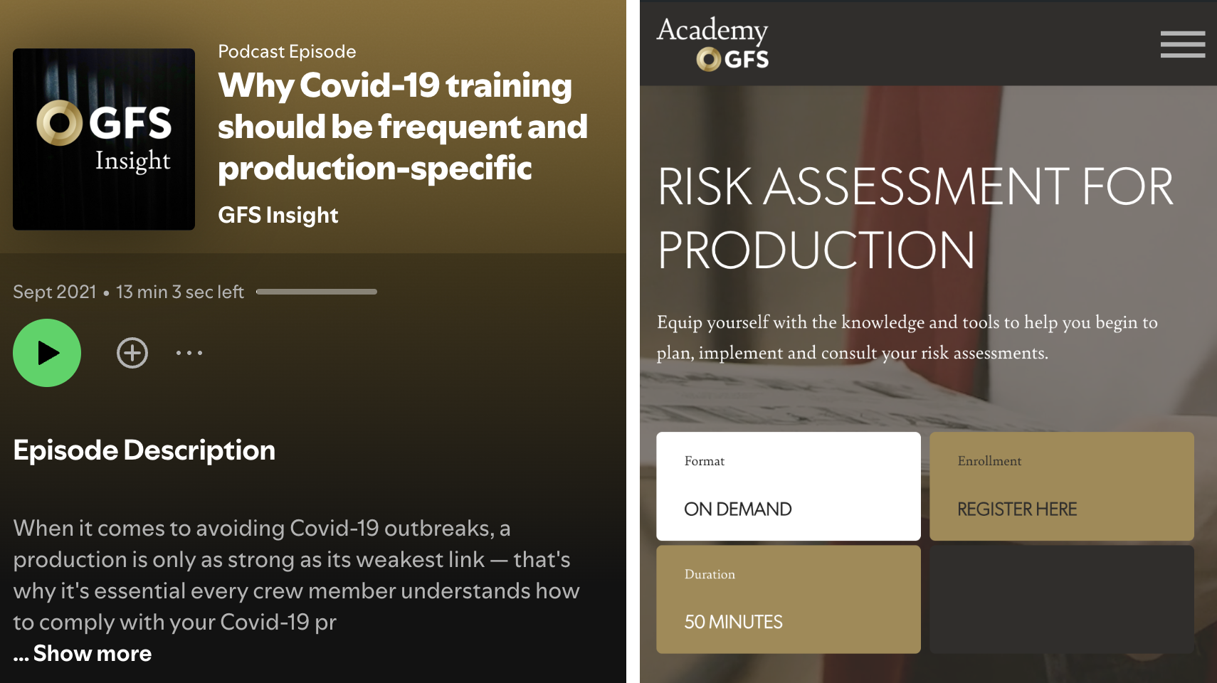 Screenshots of GFA podcast and learning portal webpages.
